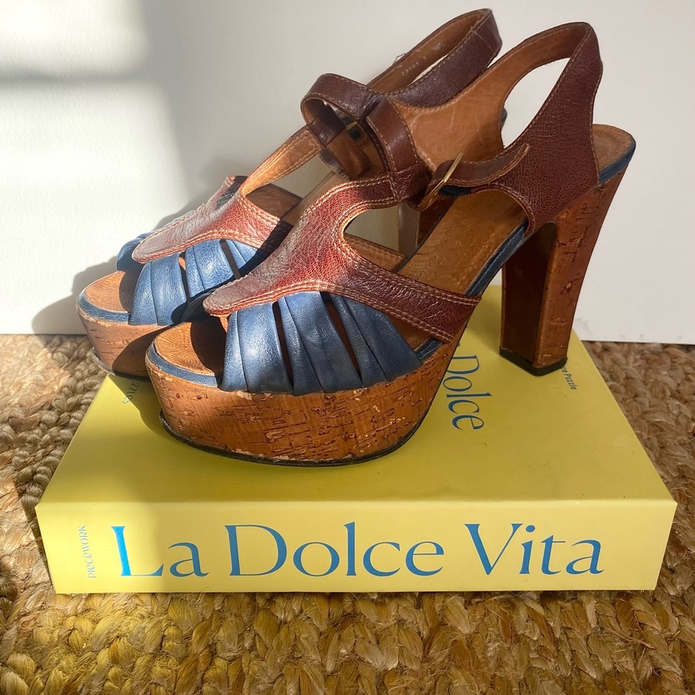 Chie Mihara Tan and Blue Platform Heels